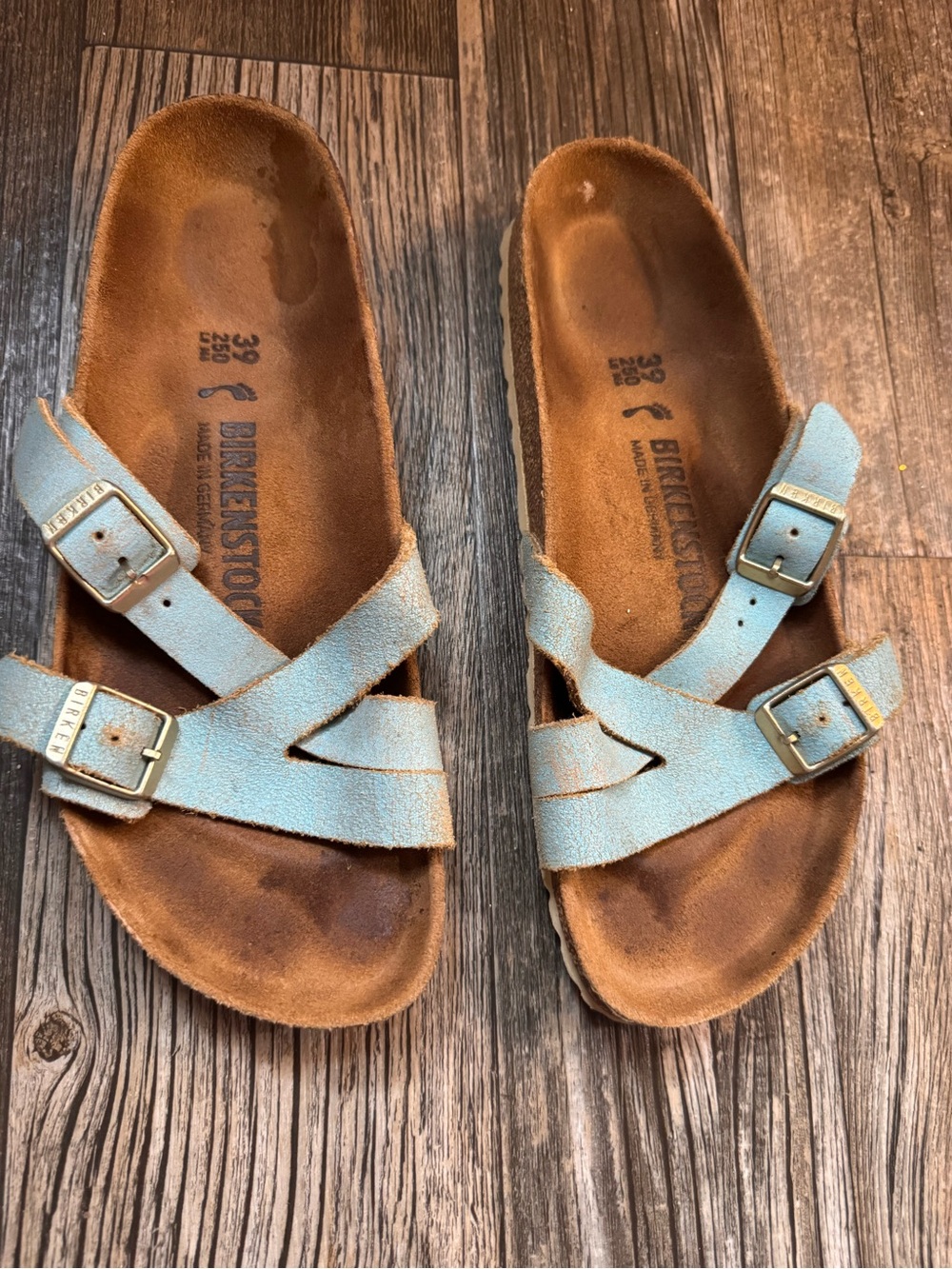 Birkenstock Light Blue Cross-Strap Sandals with Gold Buckles Size 39 - Picture 5 of 5